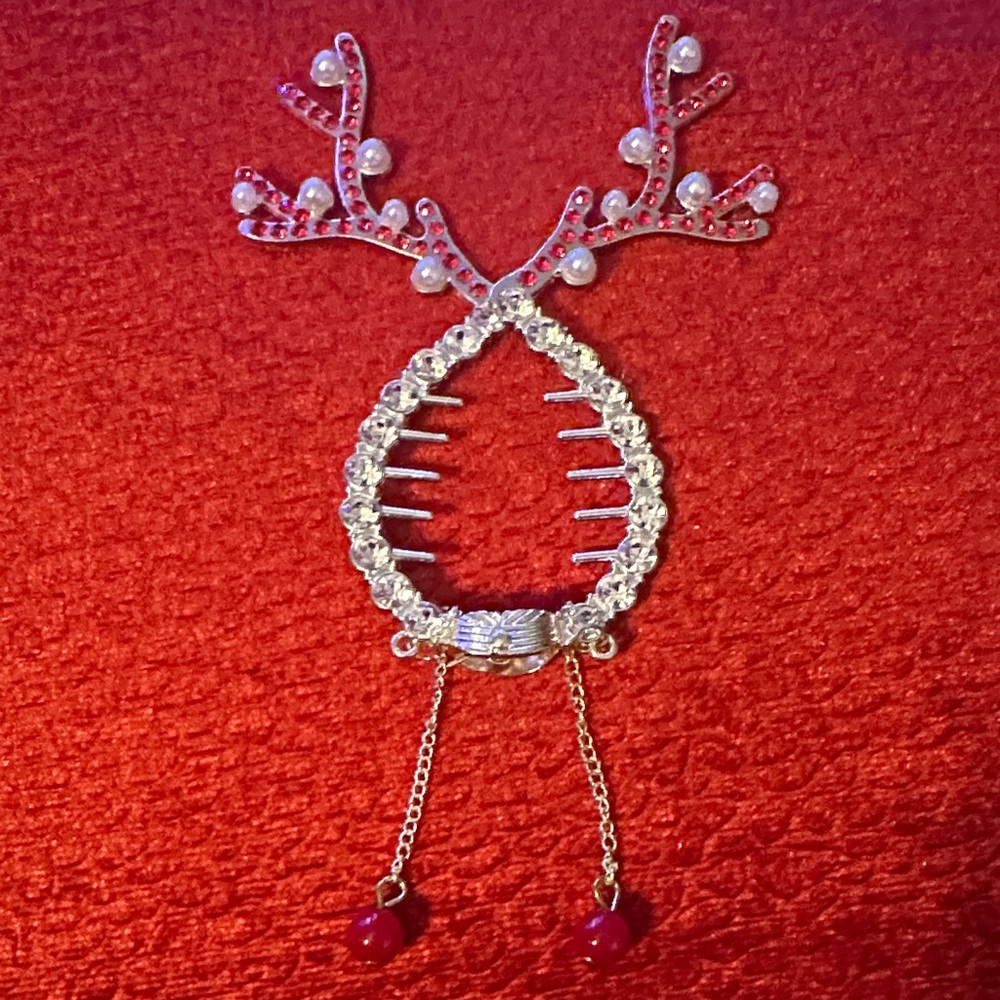 Elegant Silver and Red Hair Comb w/reindeer antlers